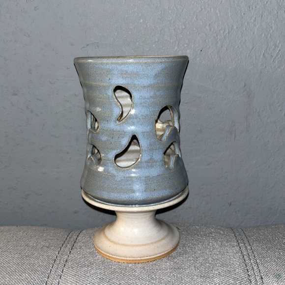 Art Pottery Cut Out Candle Holder VotiveTea Light Pedestal Blue Signed Luminary - Picture 2 of 5